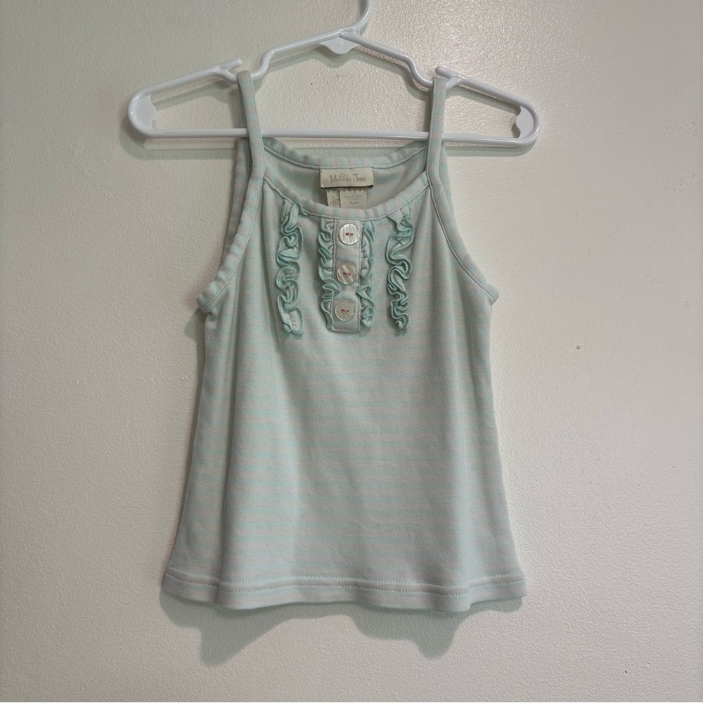Matilda Jane size 4 white and honeydew striped tank top with ruffles